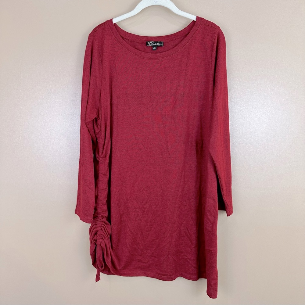 DG2 By Diane Gilman Brick Red Ruched Side Long Sleeve Tunic Top 1X Modest Casual